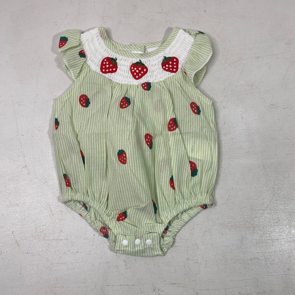 Strawberry Seersucker Smocked Bubble Romper Baby Girl 0-3 Months Sleeveless